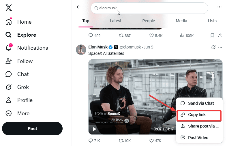 How to copy a video link from the X Twitter app